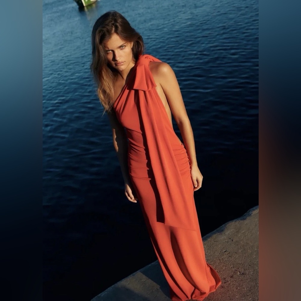 ZARA Coral Open Back One-Shoulder Maxi Dress. M NWT - Picture 3 of 11